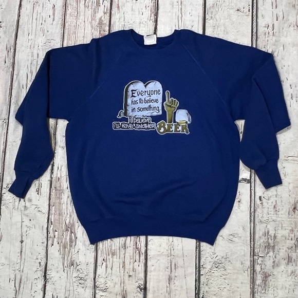 Vintage 80s Funny Humor Beer Bar 1980s Crewneck Pullover Blue Sweatshirt - Picture 1 of 6